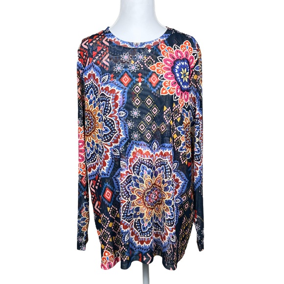 Johnny Was JADE Natalie Padma Mesh Long Sleeve Top Mandala Print 1X - Picture 2 of 5
